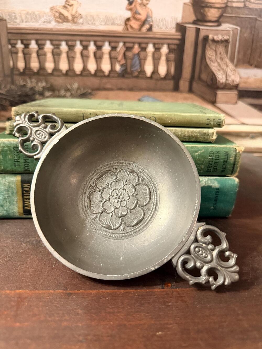 Vintage Kurz Tiel Holland Real Pewter Porridge Bowl, Footed Tudor Rose Dutch